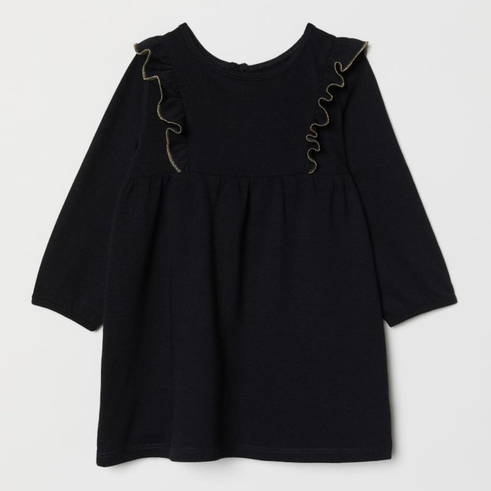 H&M Toddler Girls Long Sleeve Black Ruffled Cotton Jersey Dress 2T - 3T